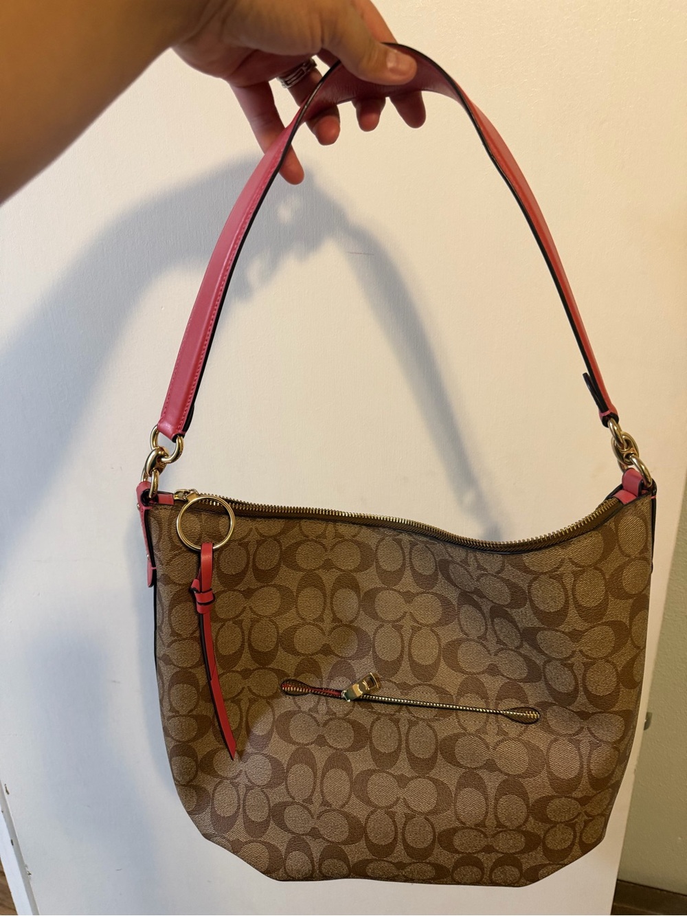 Coach Brown Signature Canvas Shoulder Bag with Pink Trim